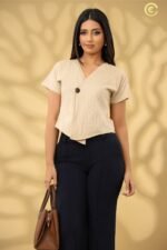 Beige Pinstripe V-Neck Buttoned Top - Image 2
