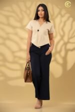 Beige Pinstripe V-Neck Buttoned Top - Image 5