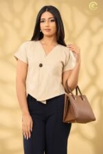 Beige Pinstripe V-Neck Buttoned Top - Image 6