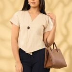Beige Pinstripe V-Neck Buttoned Top